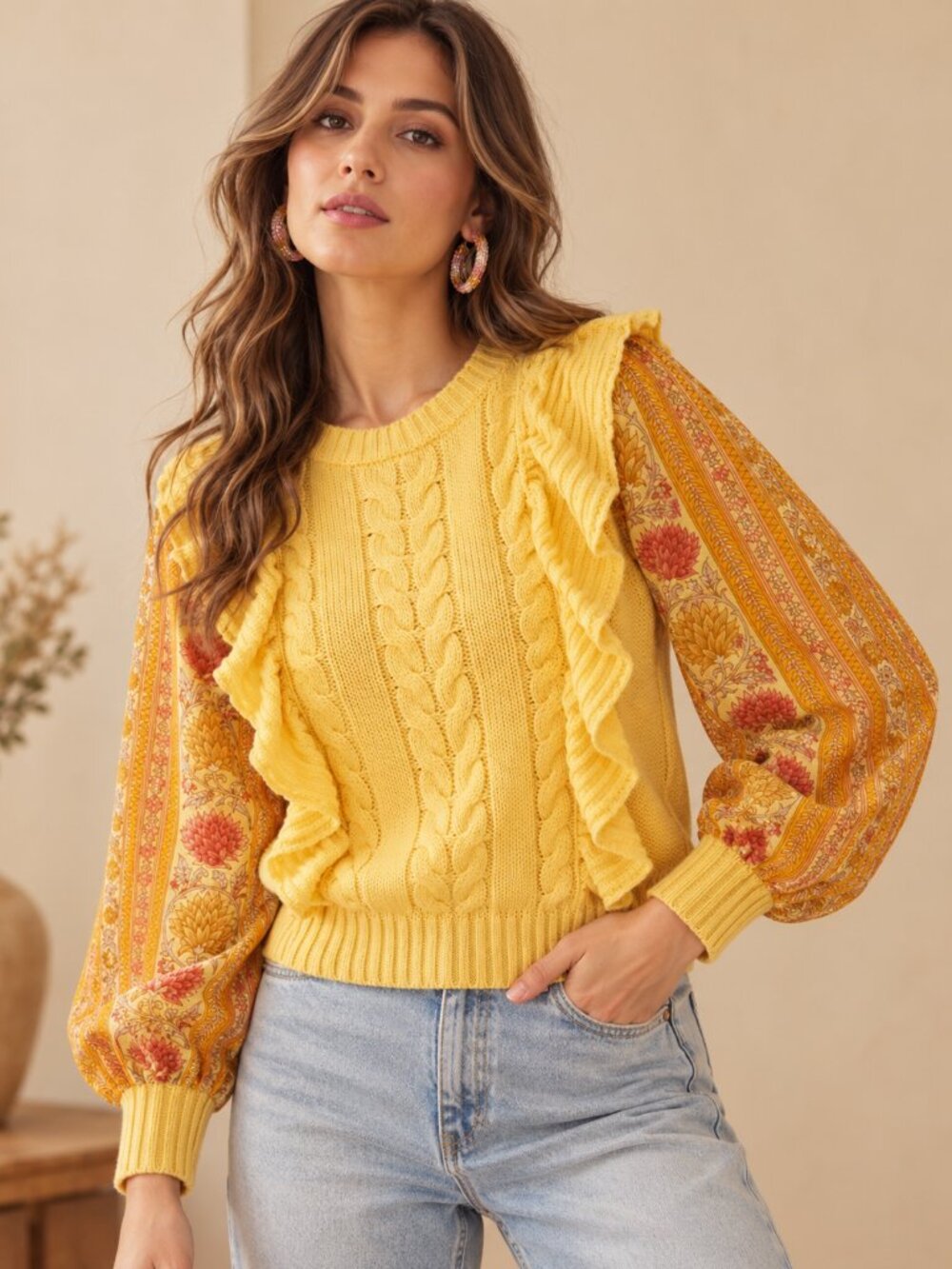 Sunrise Yellow Ruffled Cable Knit Floral Sleeve Sweater